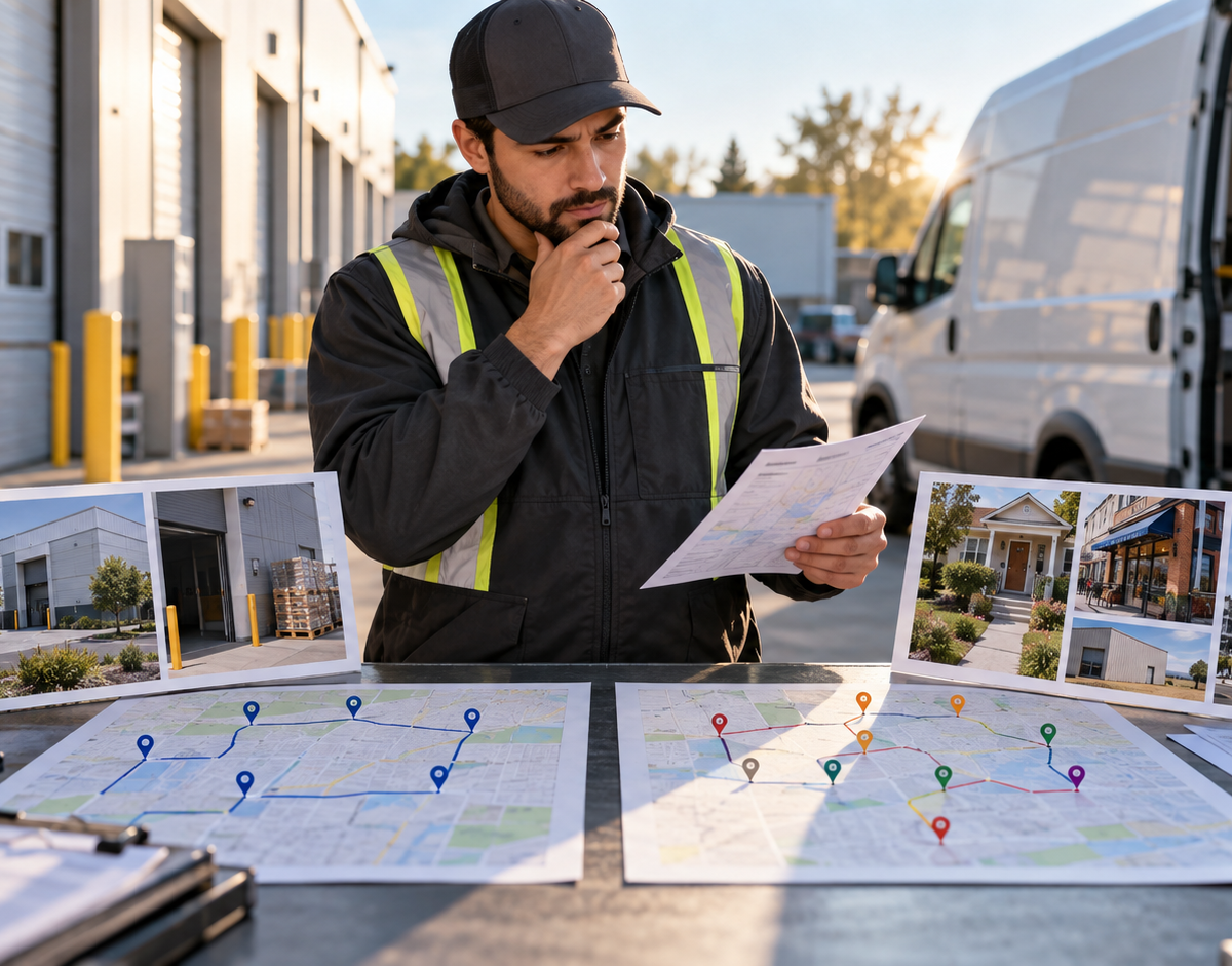 Dedicated customer delivery route compared with a changing customer mix as a driver weighs familiar receiving routines against new stop instructions.