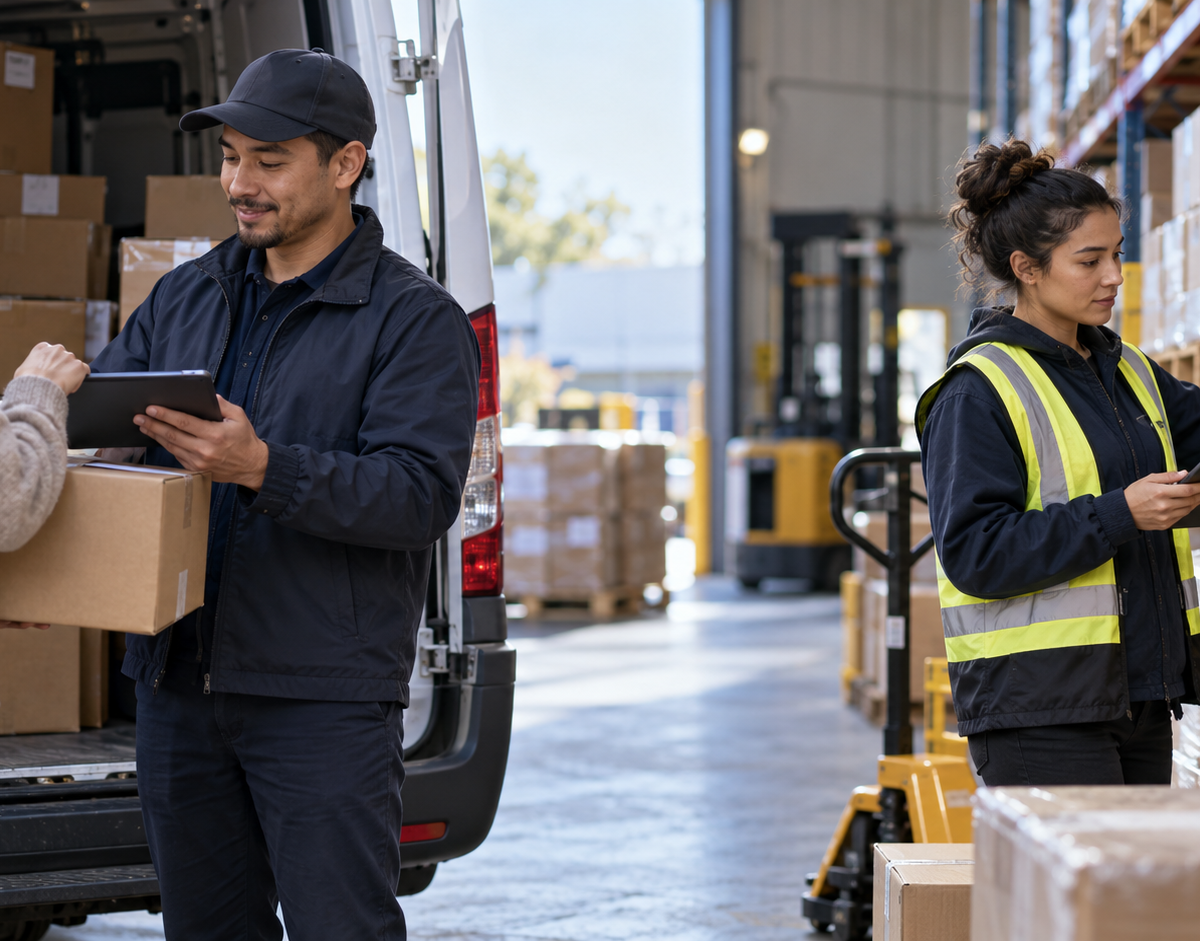 Delivery job versus inventory control job as one worker tracks a parcel handoff and another reconciles a stock count against records.