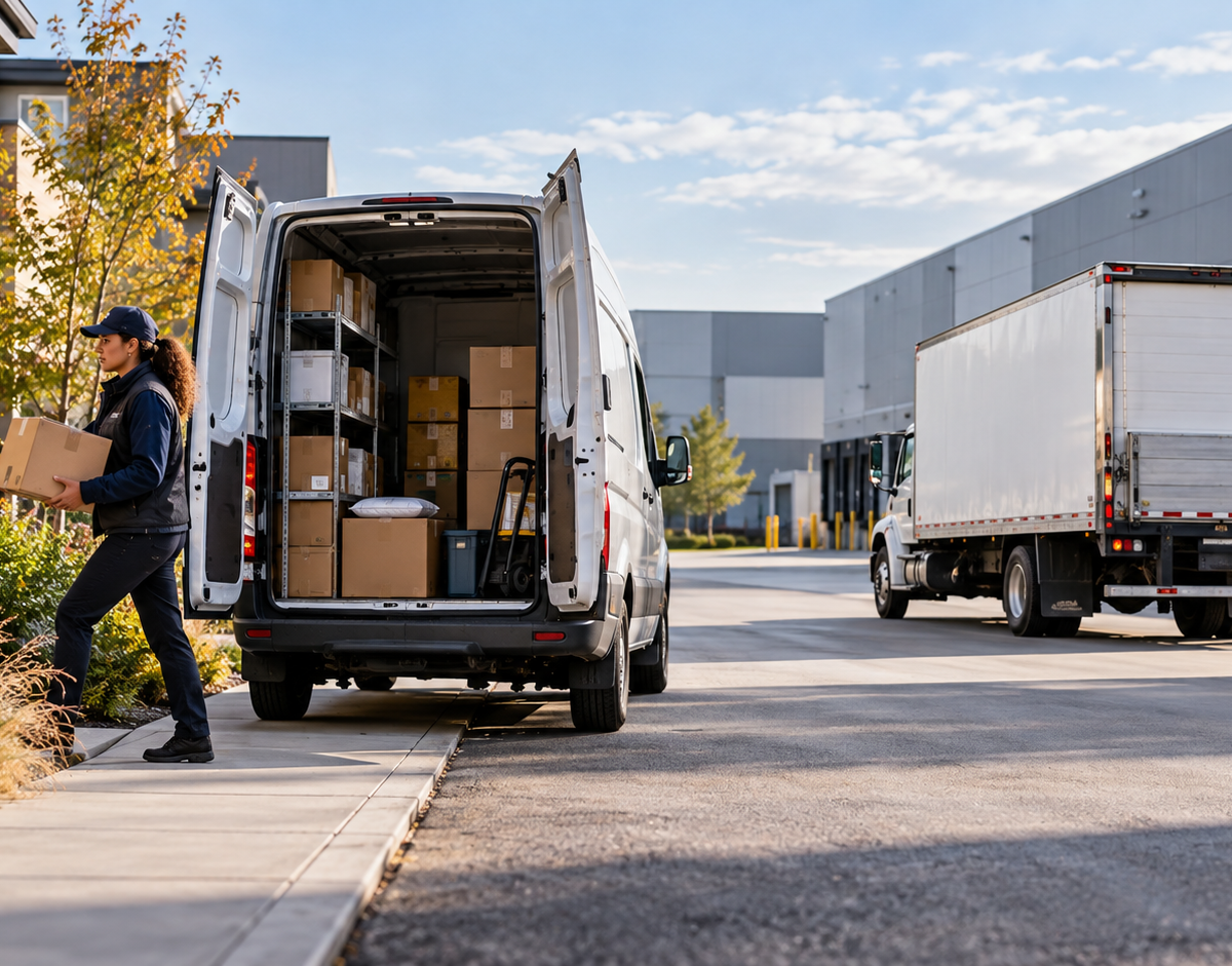 Delivery route versus shuttle route as one driver visits multiple customer stops and another transfers a load between two facilities.