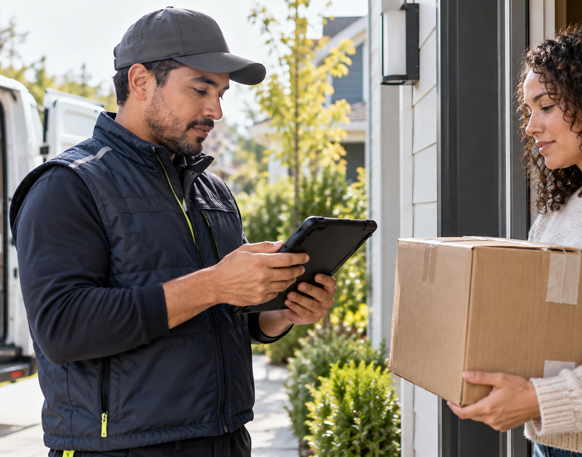 Delivery work with returns pickup as a driver checks a return assignment before accepting an item for the trip back.