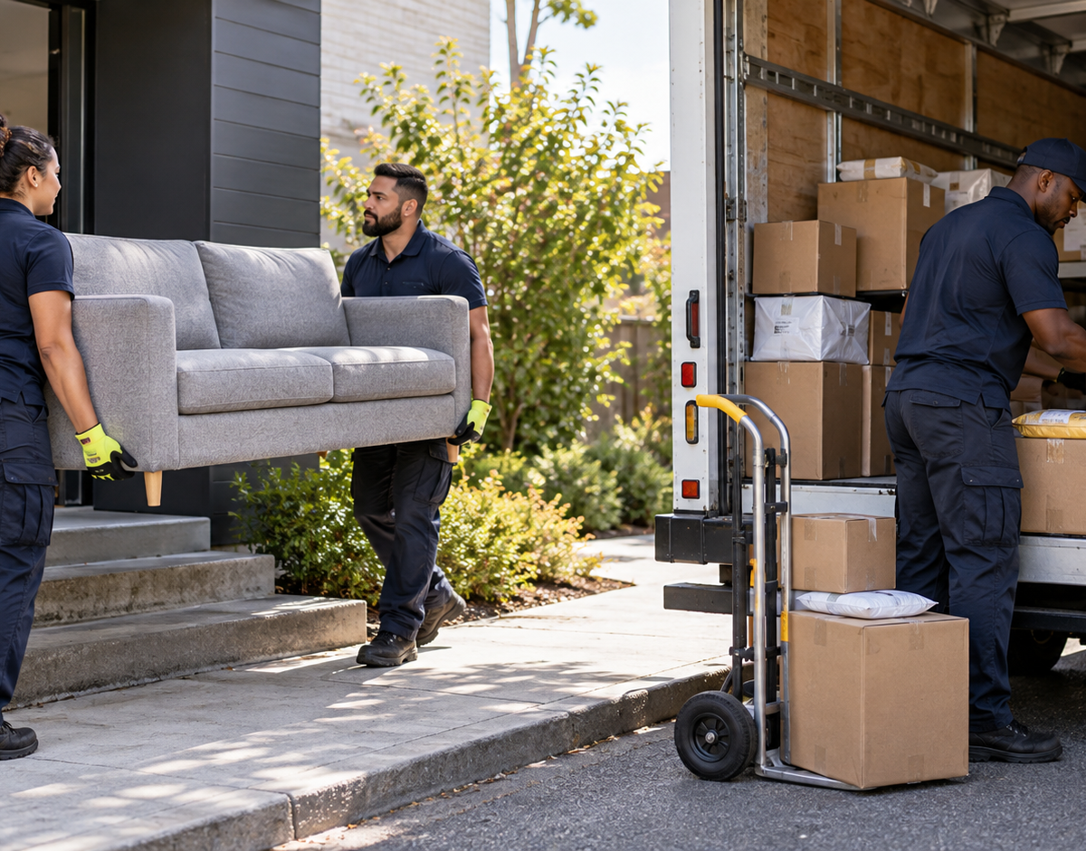 Furniture delivery versus parcel delivery as a two-person crew moves one sofa while a driver organizes many separate parcels.