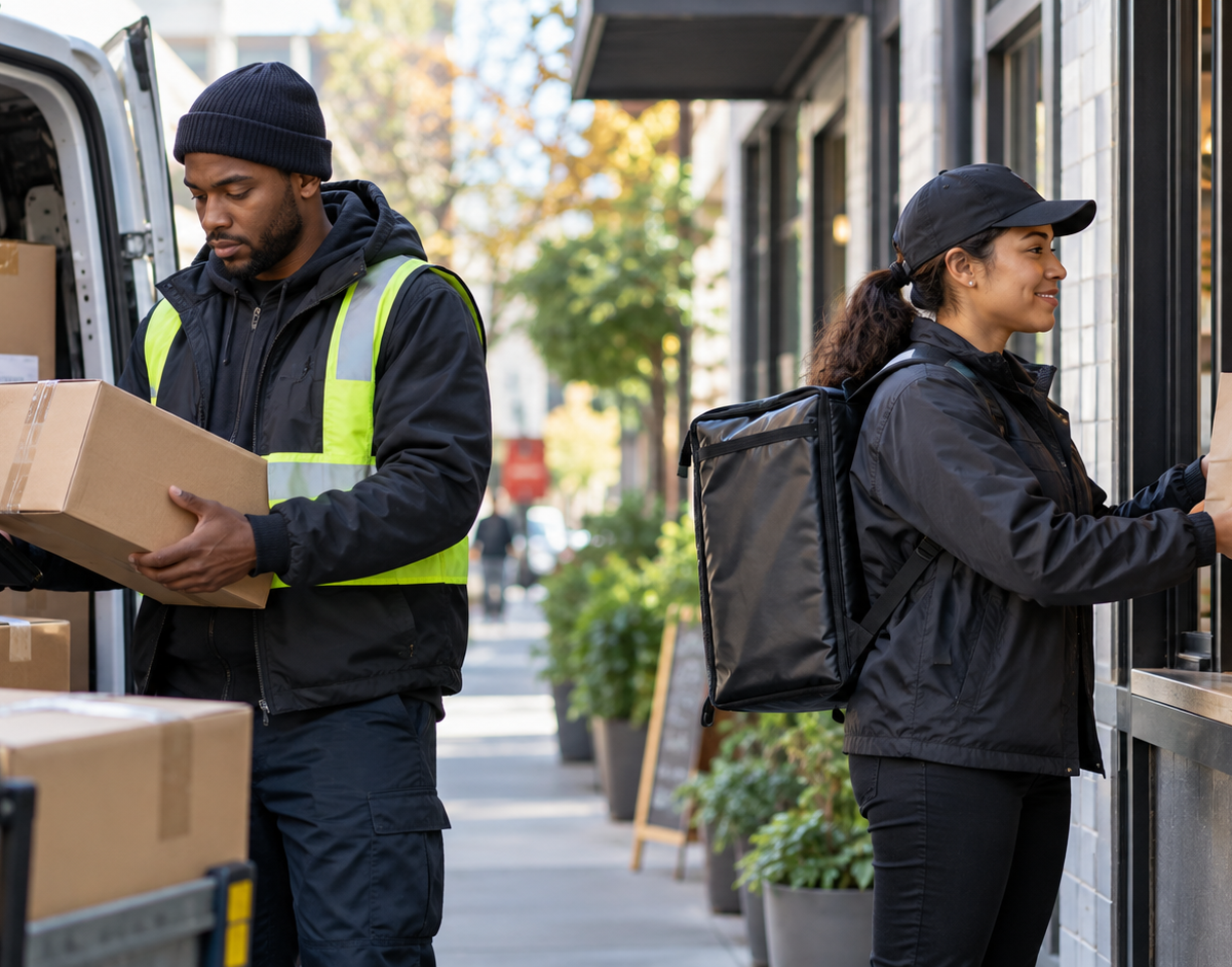 Parcel delivery versus food delivery work as one driver checks boxed parcels and another collects a prepared meal at its ready time.