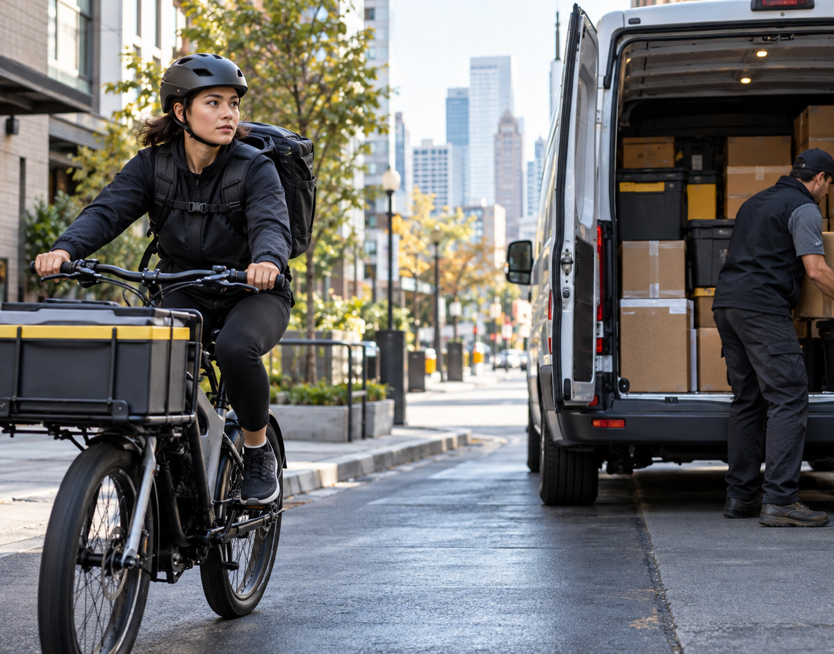 urban bicycle courier work versus van courier work: comparing bicycle cargo with a van load.