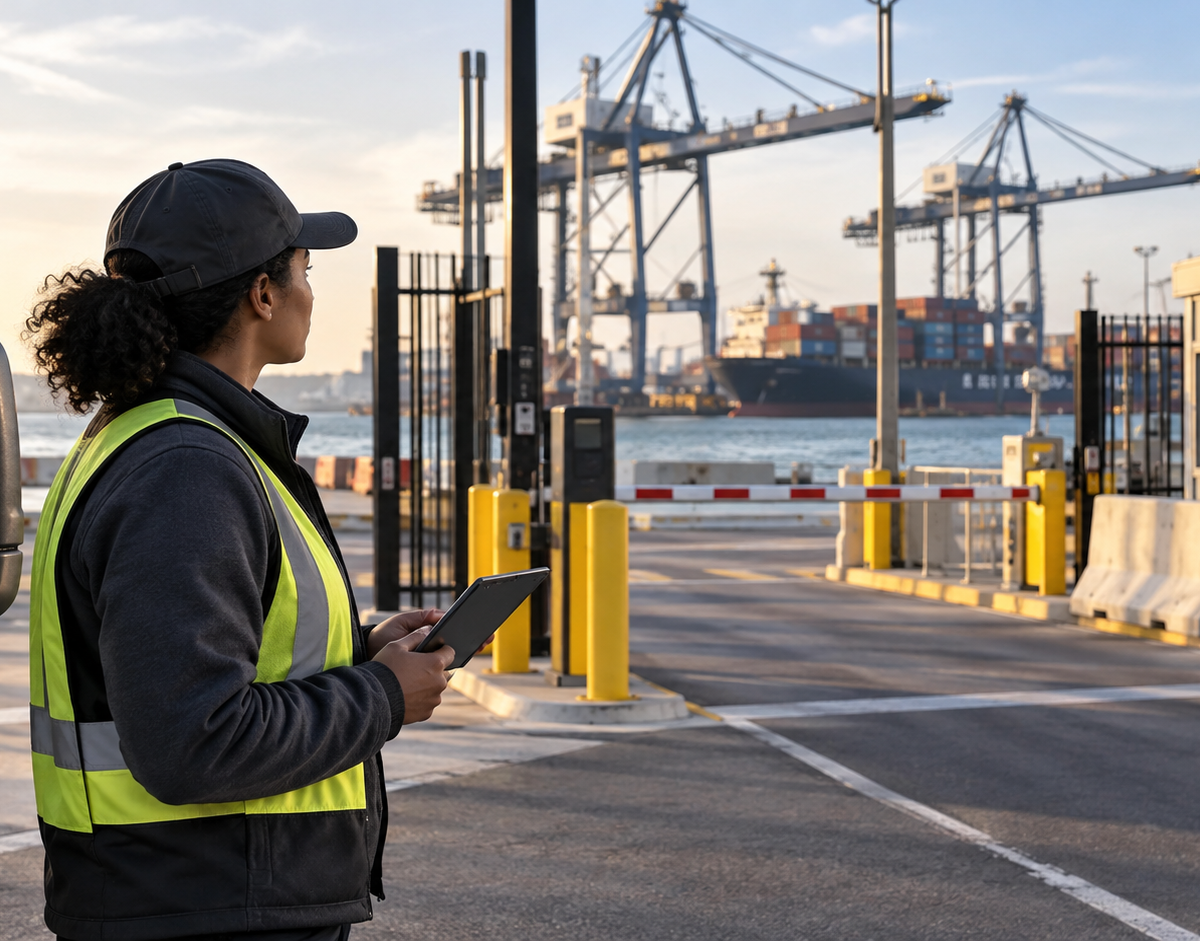 TWIC requirements in delivery job listings: checking the access context at a port entrance.
