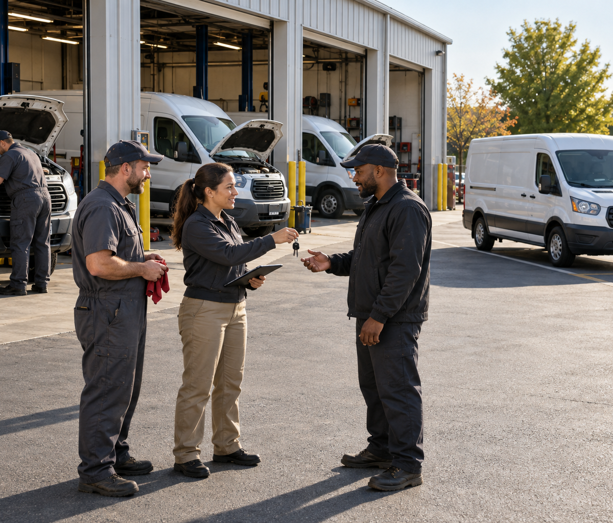 fleet service-coordinator work: coordinating service needs among parked vans.