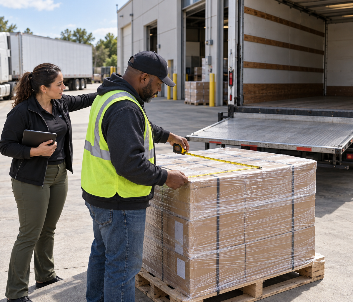 freight-broker support work: considering a pallet movement at a freight dock.