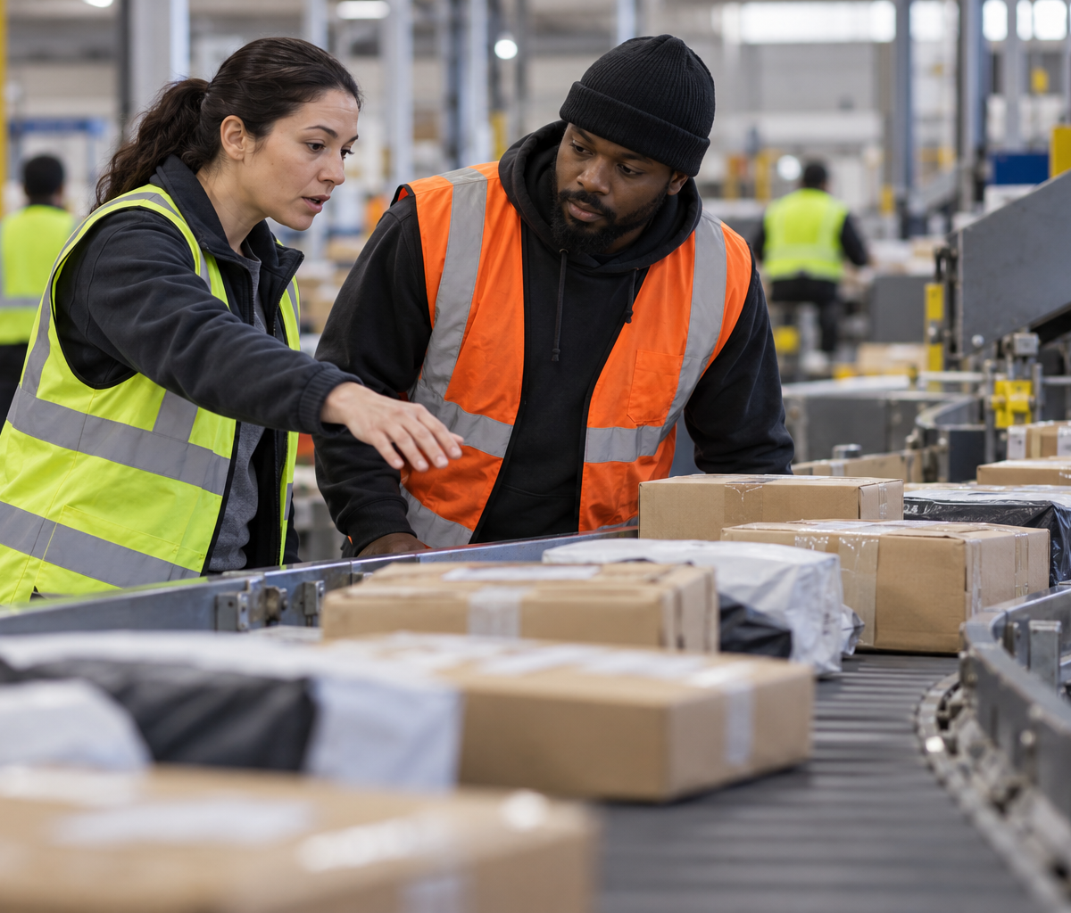 logistics data-reporting work: examining a parcel-flow exception at a conveyor.
