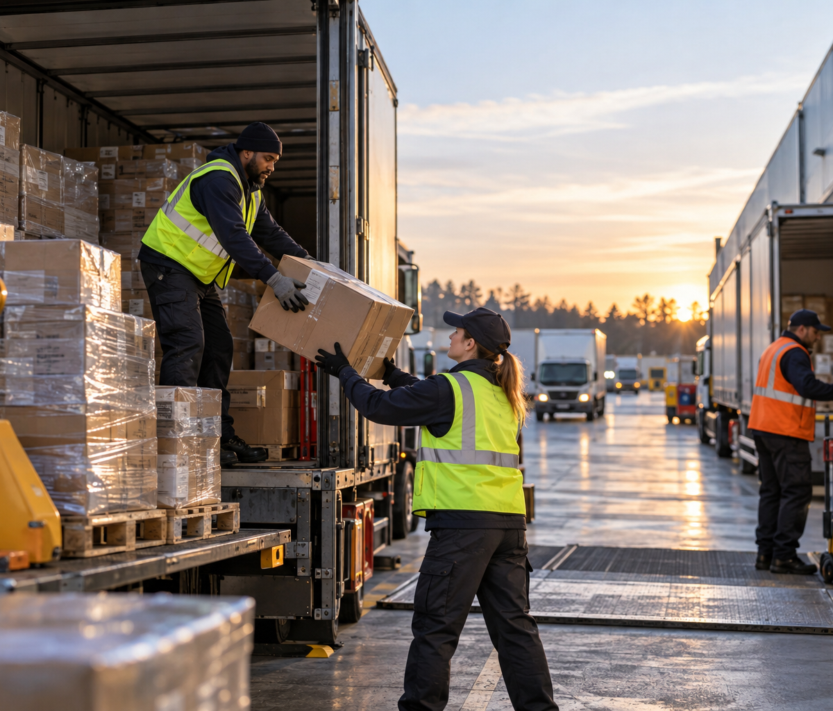 parcel-network linehaul work: handing freight between terminal teams.