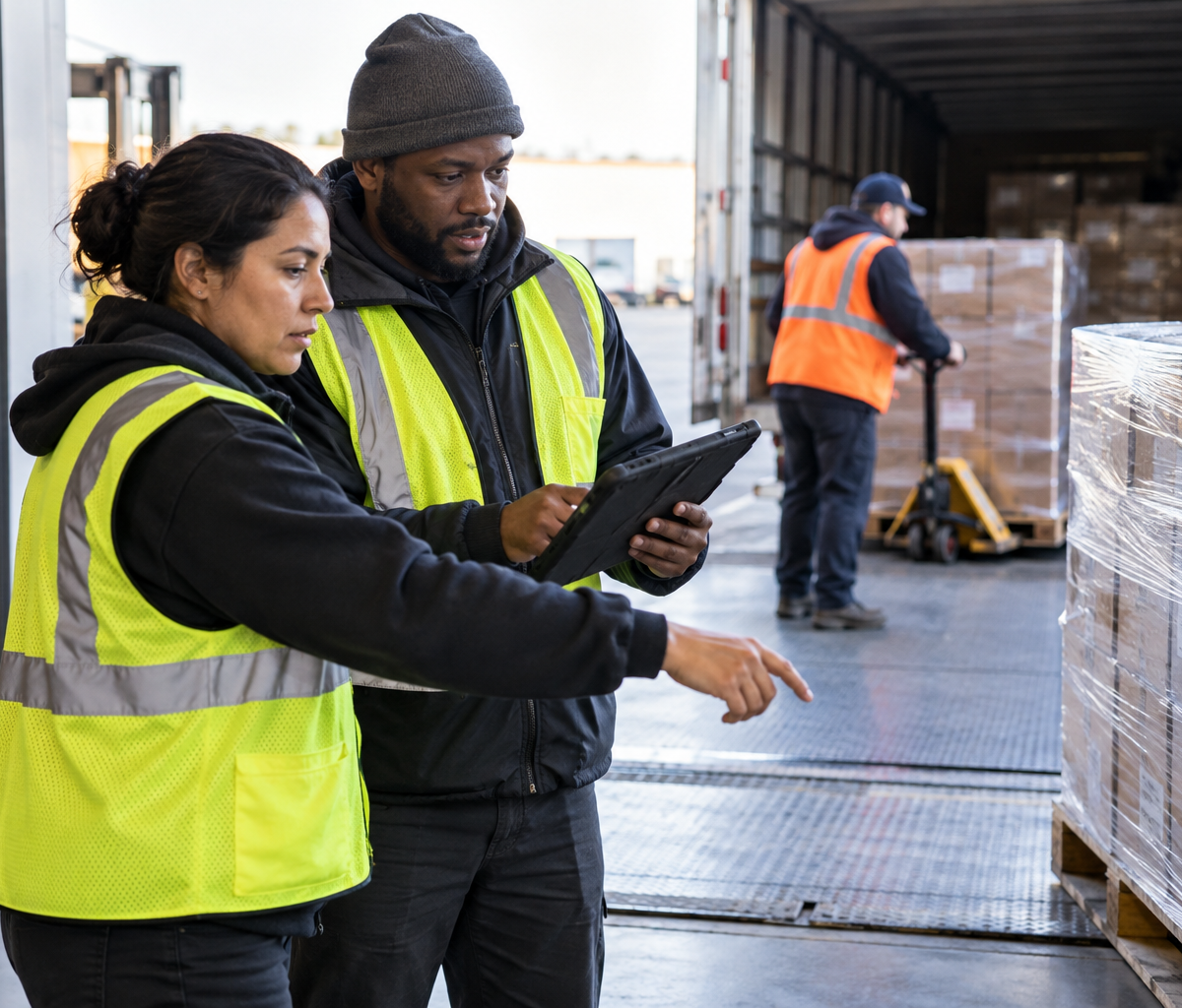 transport-documentation specialist work: checking a physical freight handoff at the dock.