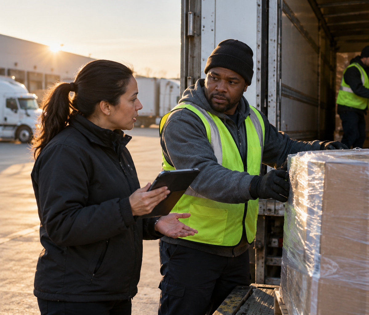 transportation account-management work: discussing a customer's collection needs beside staged freight.