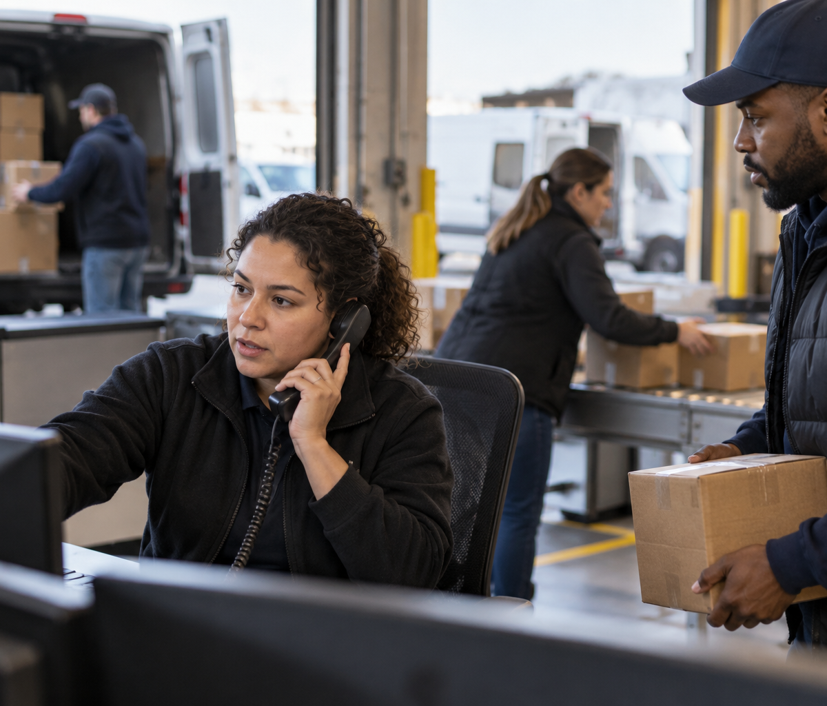 transportation dispatcher work: coordinating a driver's parcel problem from the depot.