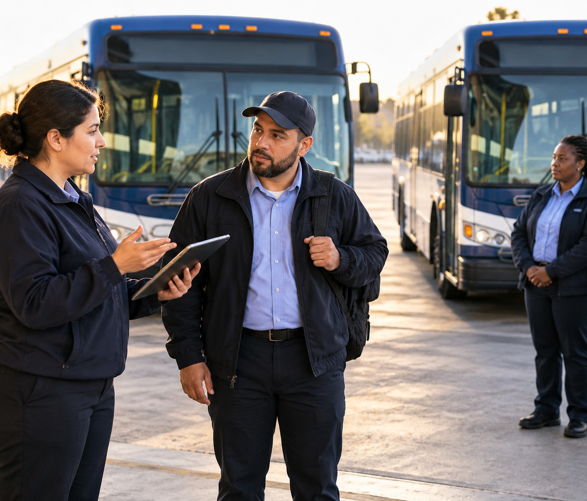 transportation workforce scheduling work: discussing staffing needs beside a vehicle fleet.