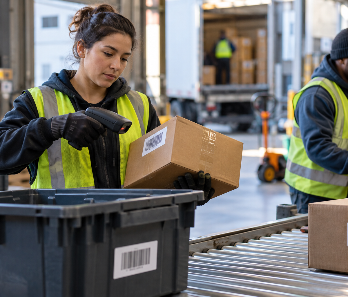 how barcodes identify logistics items: scanning the identifier on a parcel.