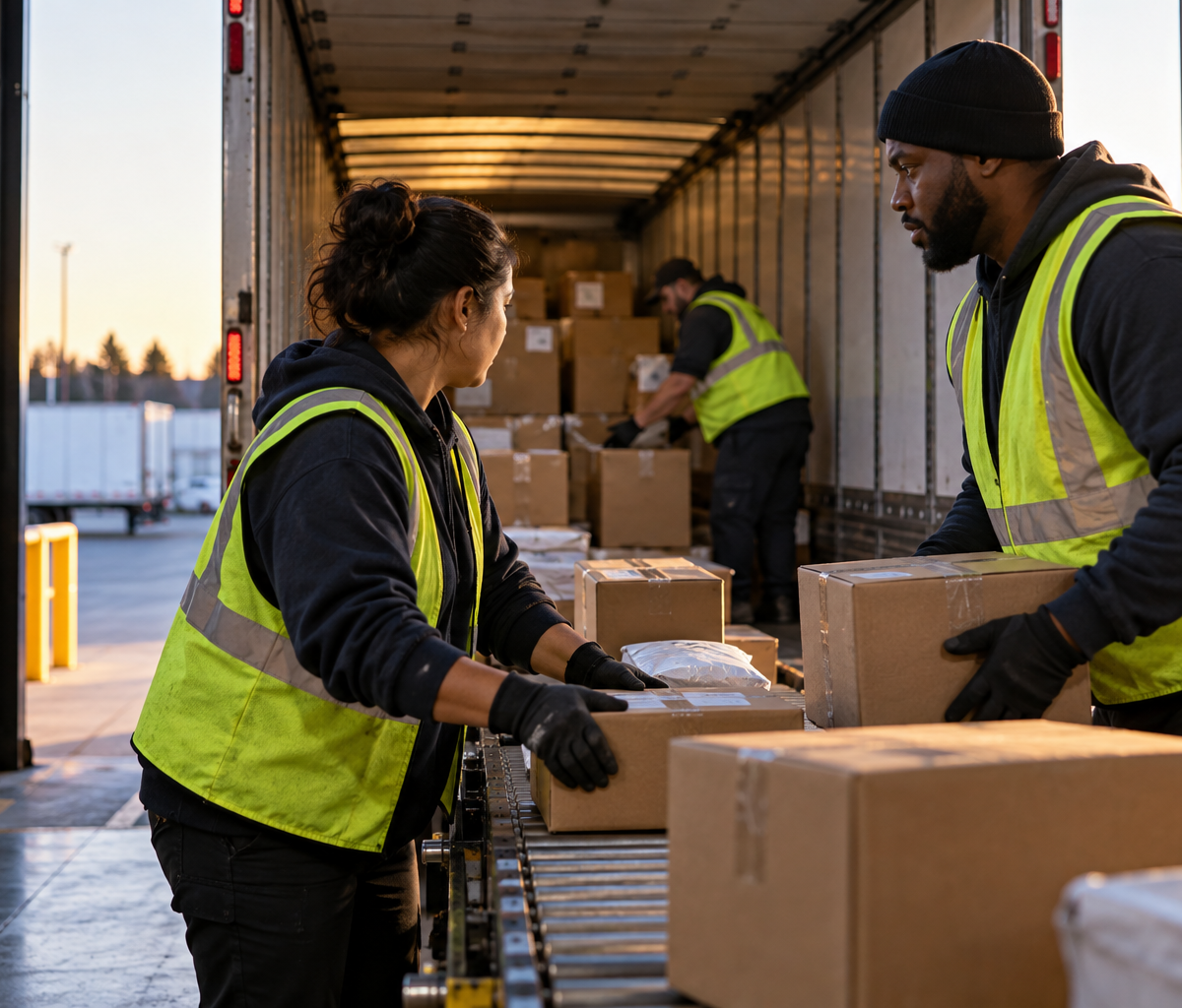 what a linehaul handoff contains: checking freight as custody changes at the dock.