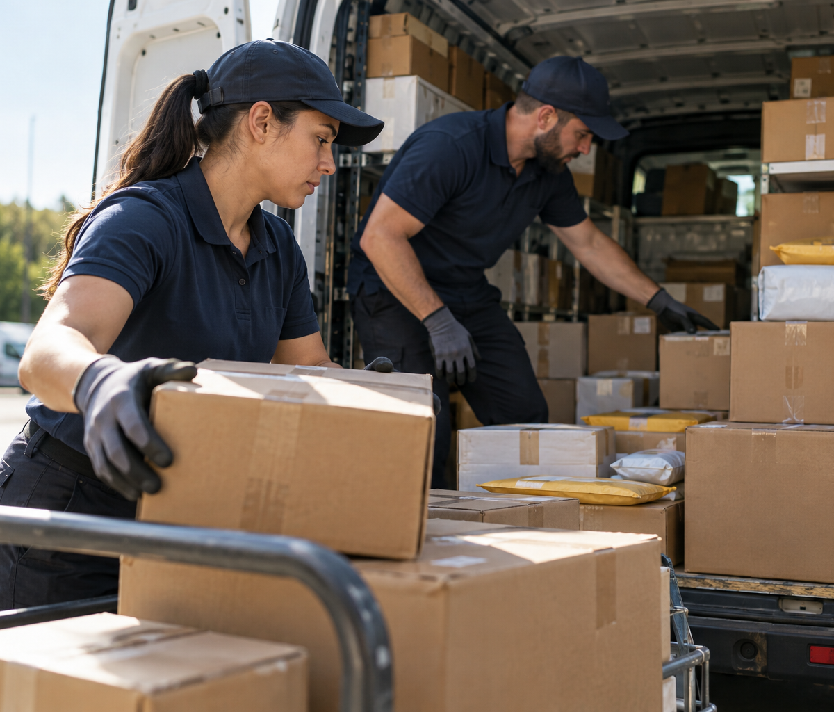 what a route manifest contains: checking a parcel load at an open van.