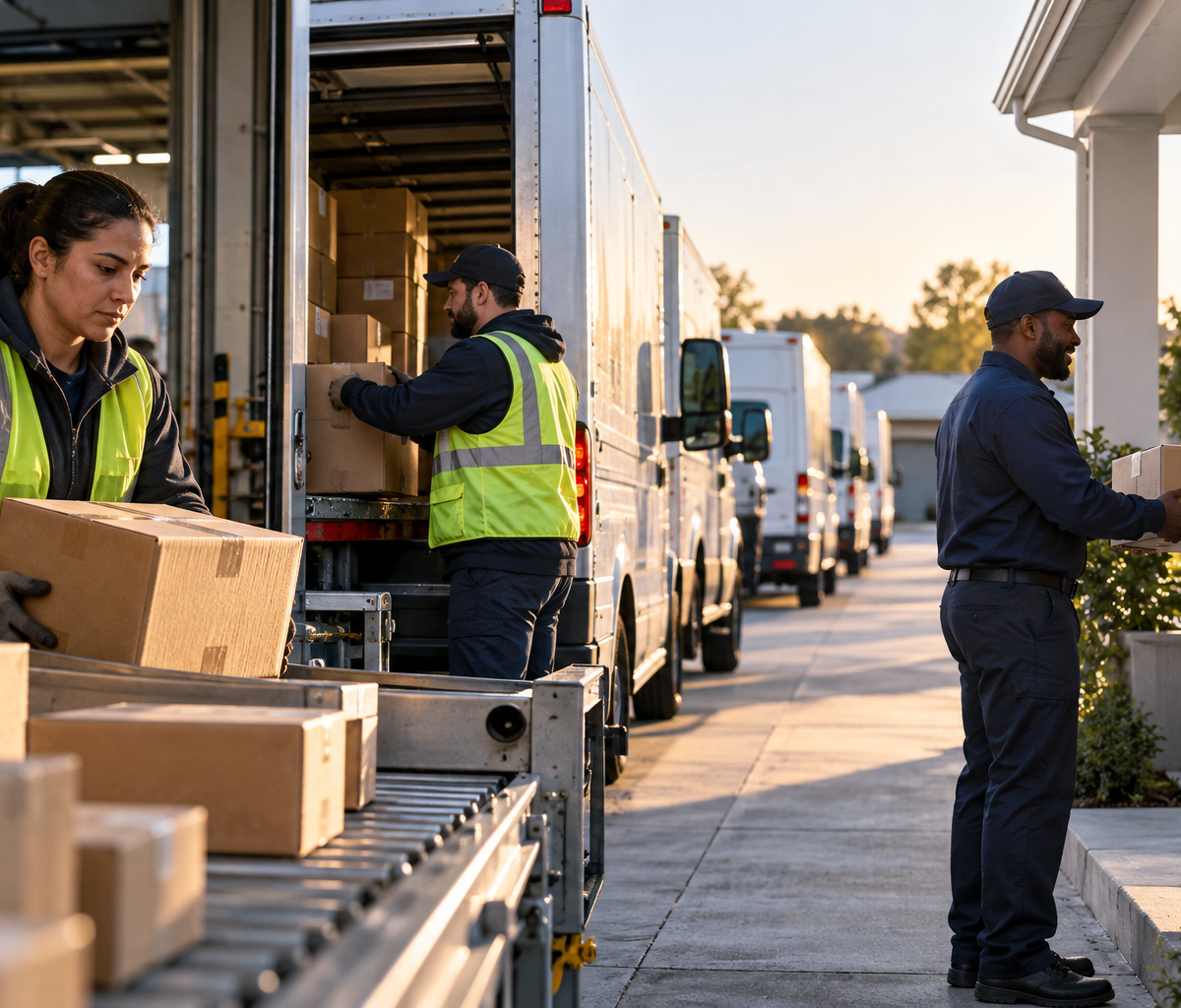 what a service-level commitment measures: following a parcel from preparation to customer handoff.