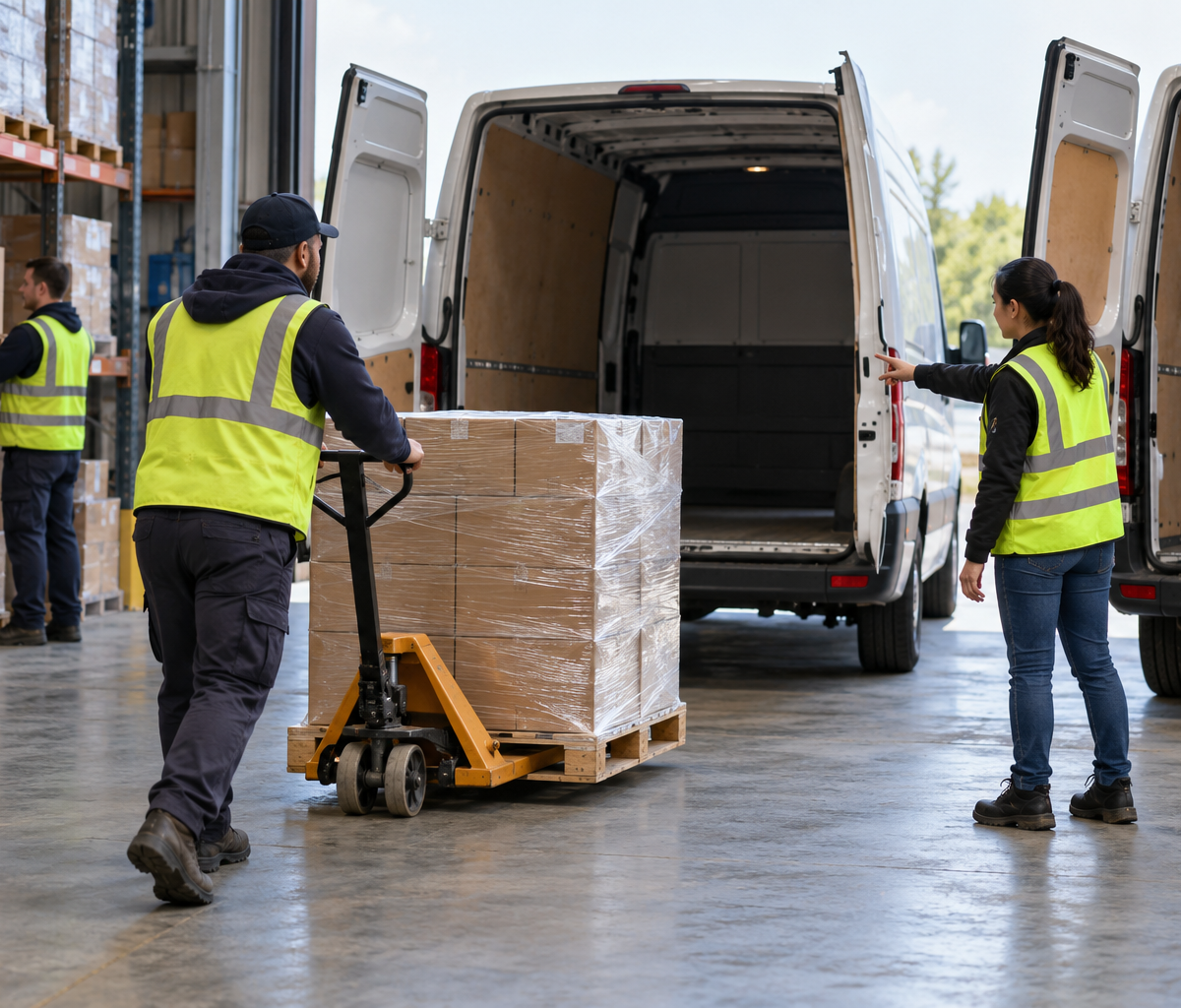 what a transportation management system does: directing a ready pallet toward an available vehicle.