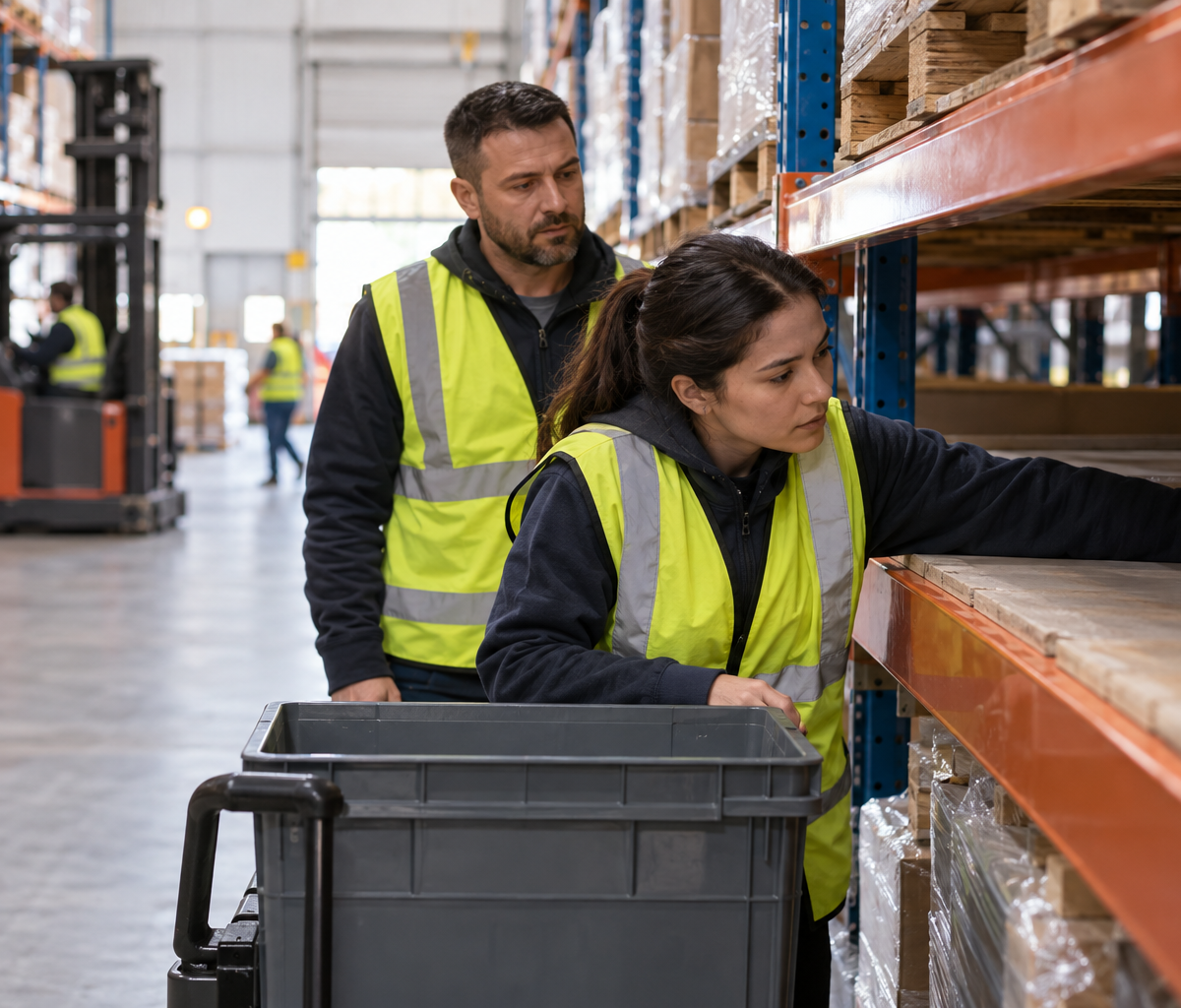 what a warehouse management system does: examining a storage location before further action.