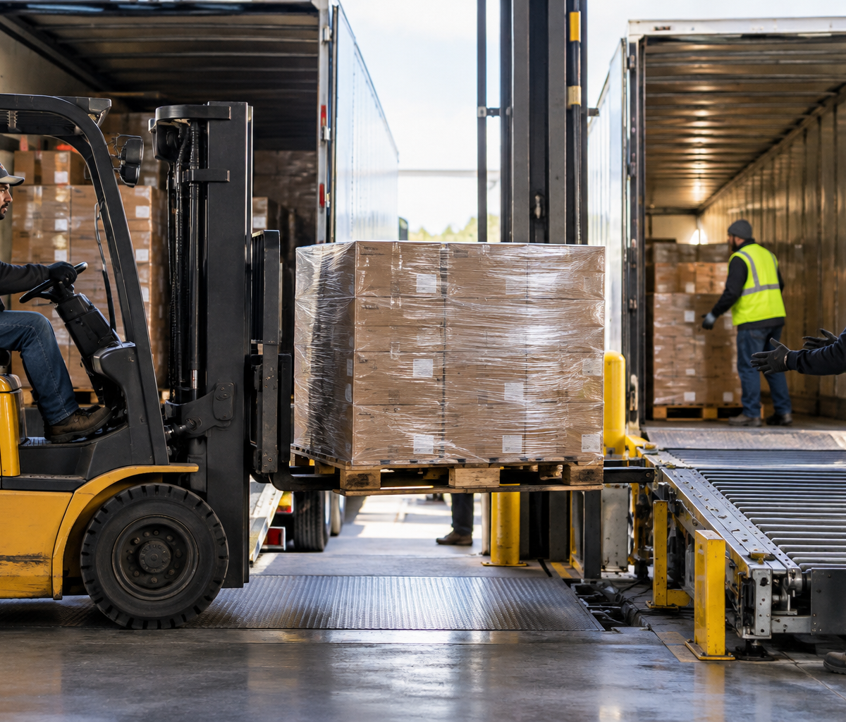 what cross-docking changes about inventory: transferring an inbound pallet toward outbound loading.