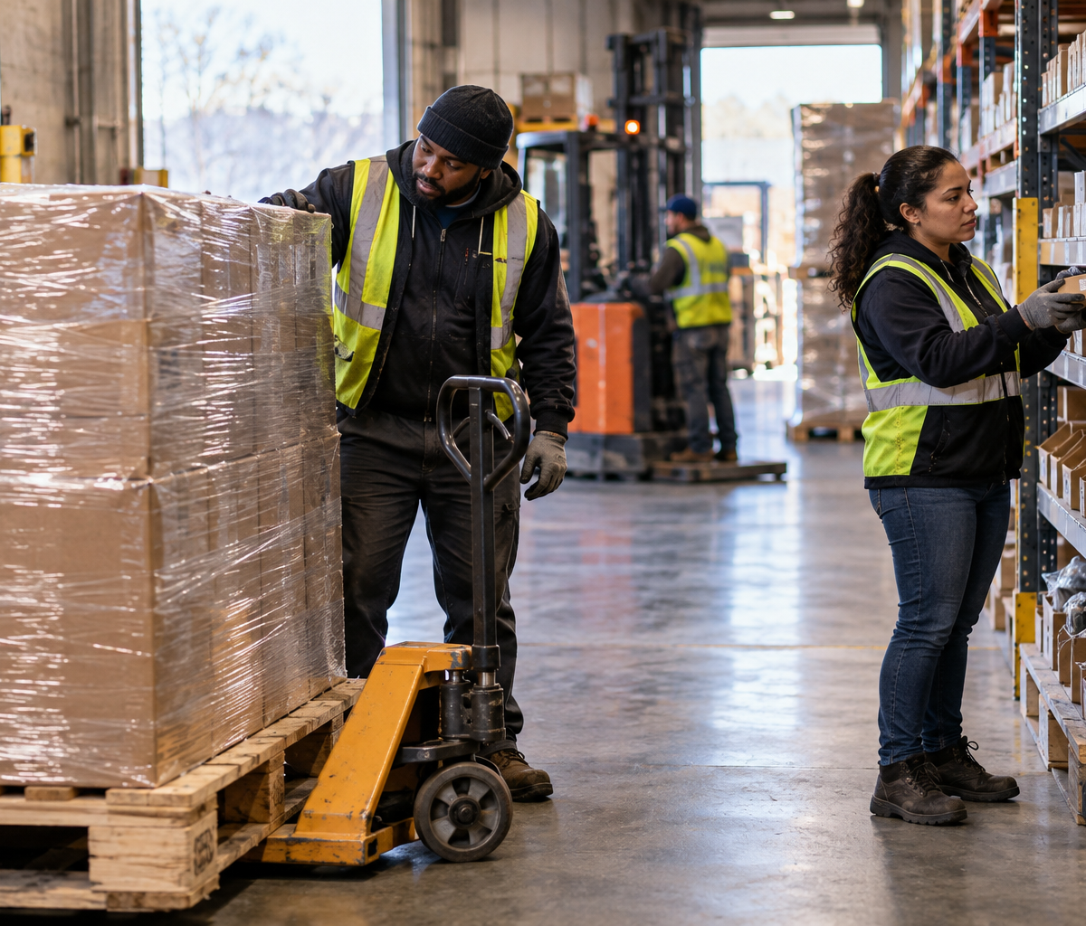 bulk-goods warehouse work: considering pallet handling and individual-item storage.