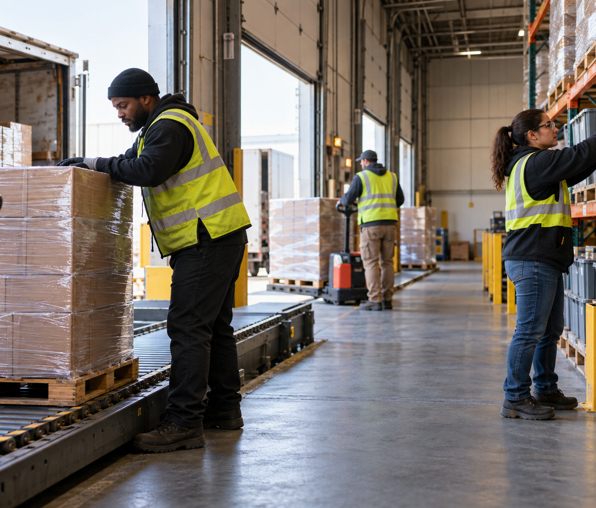 cross-dock work in logistics: moving arriving freight toward an outbound door.