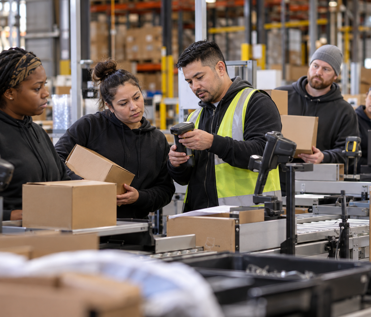 fulfillment systems support work: investigating equipment at a packing workstation.