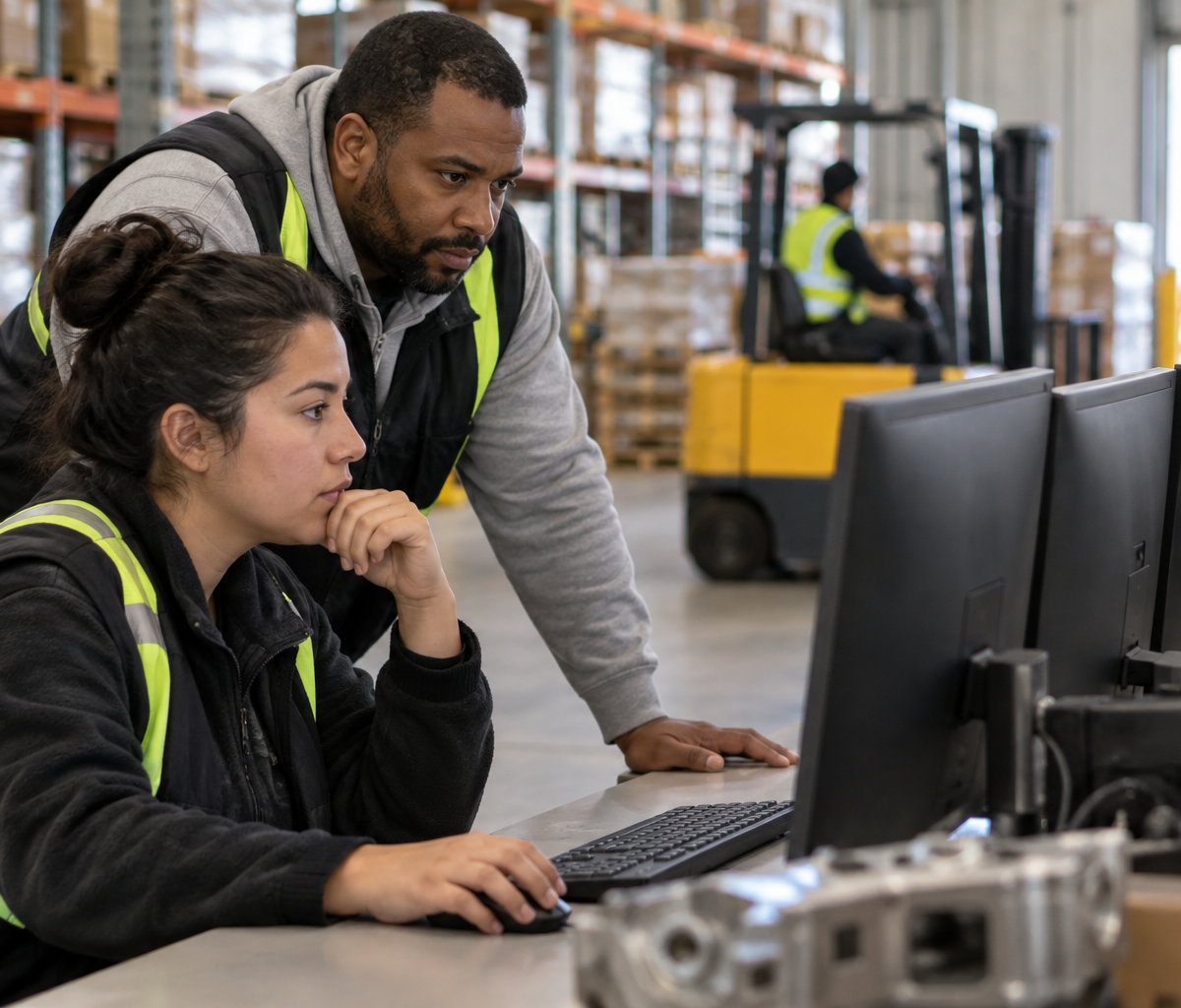 Inventory-control analyst work: investigating stock information with a colleague.