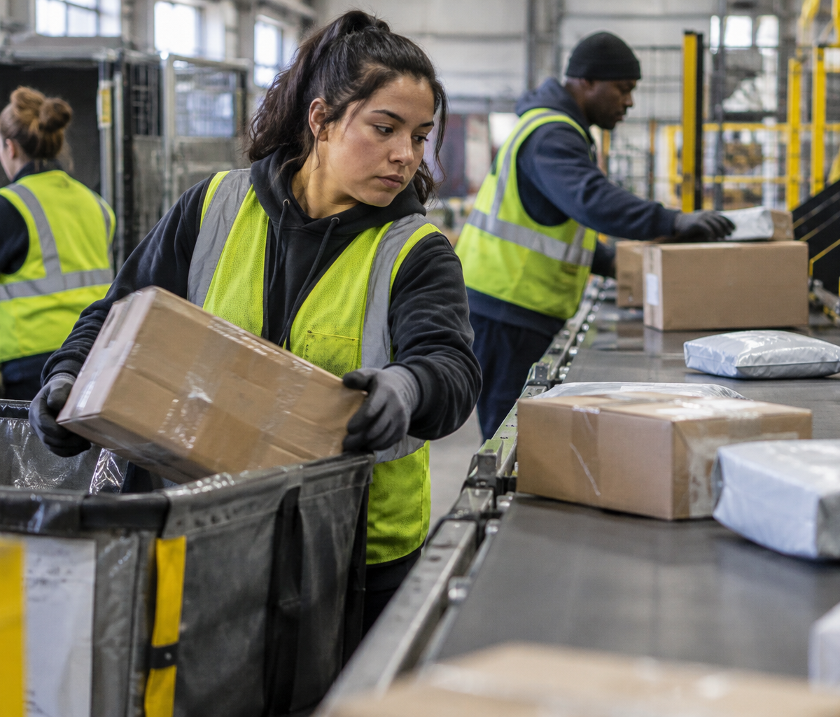 Parcel sorting as a logistics career: diverting a parcel for a sortation check.