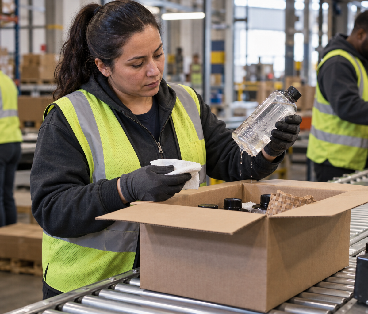 Quality inspection in fulfillment: inspecting a leaking product before release.