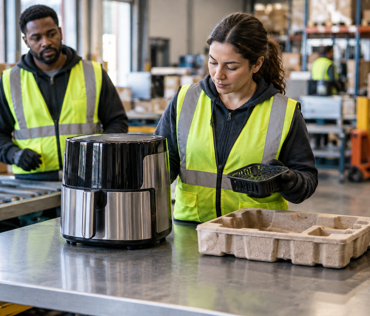 Returns processing as a logistics career: checking an appliance and its returned accessories.