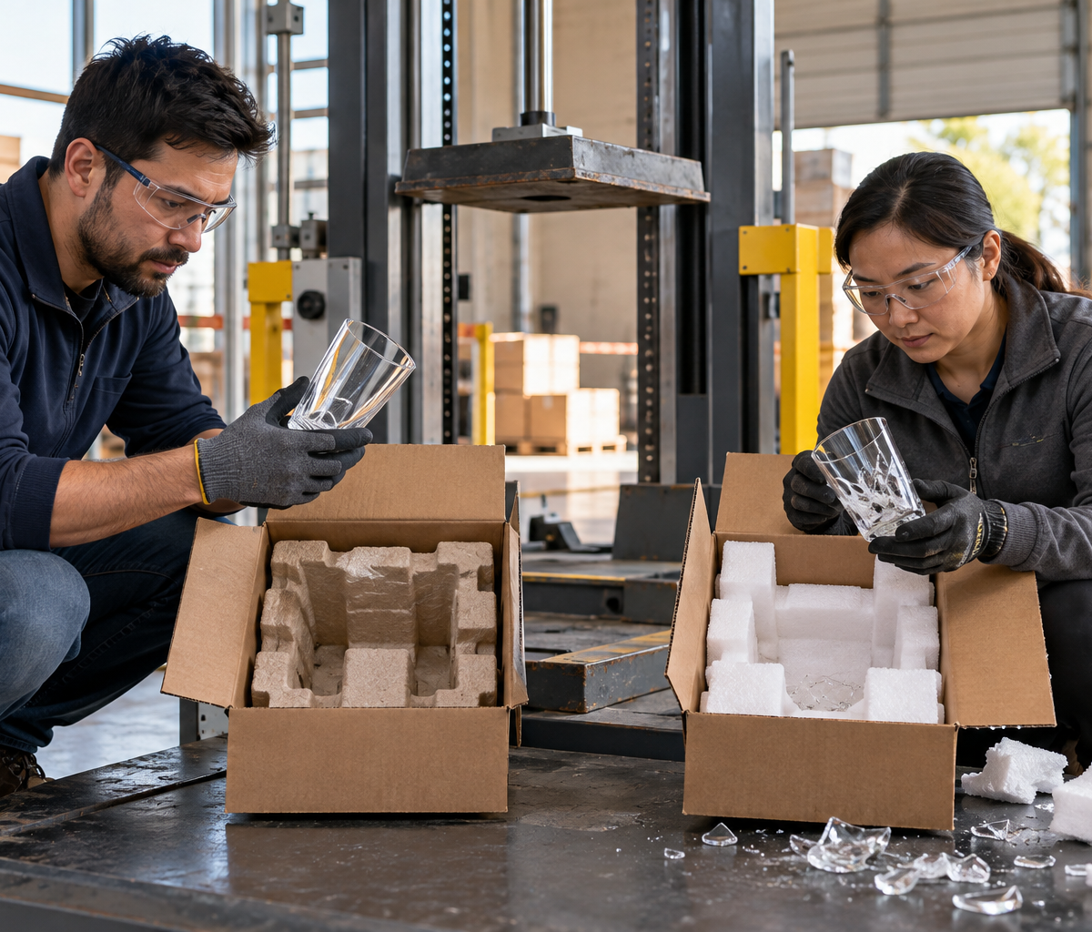 Packaging-engineer work in fulfillment: comparing protective packaging for fragile goods.