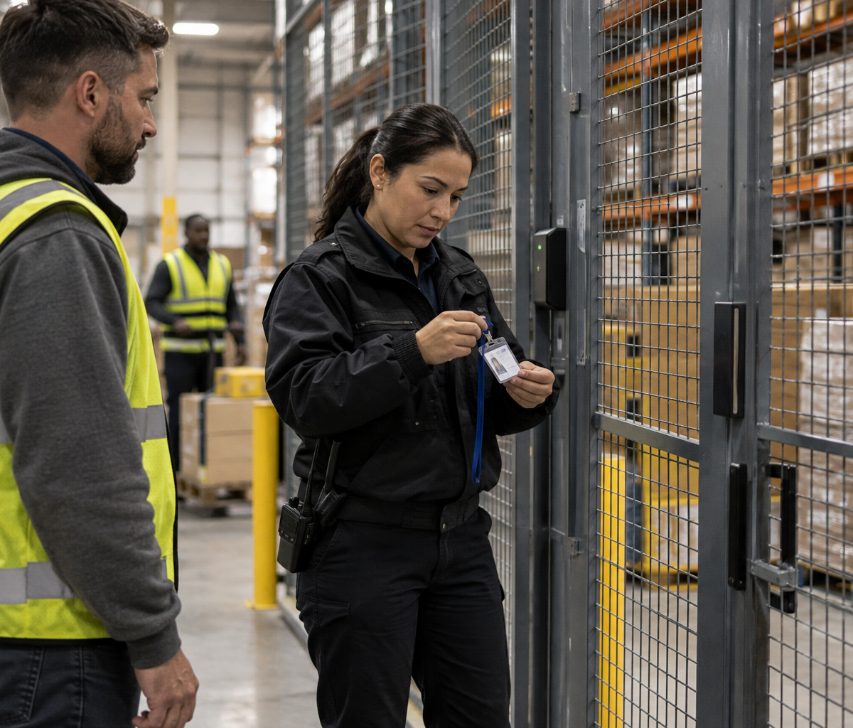 Warehouse security-coordinator work: examining access controls near restricted stock.