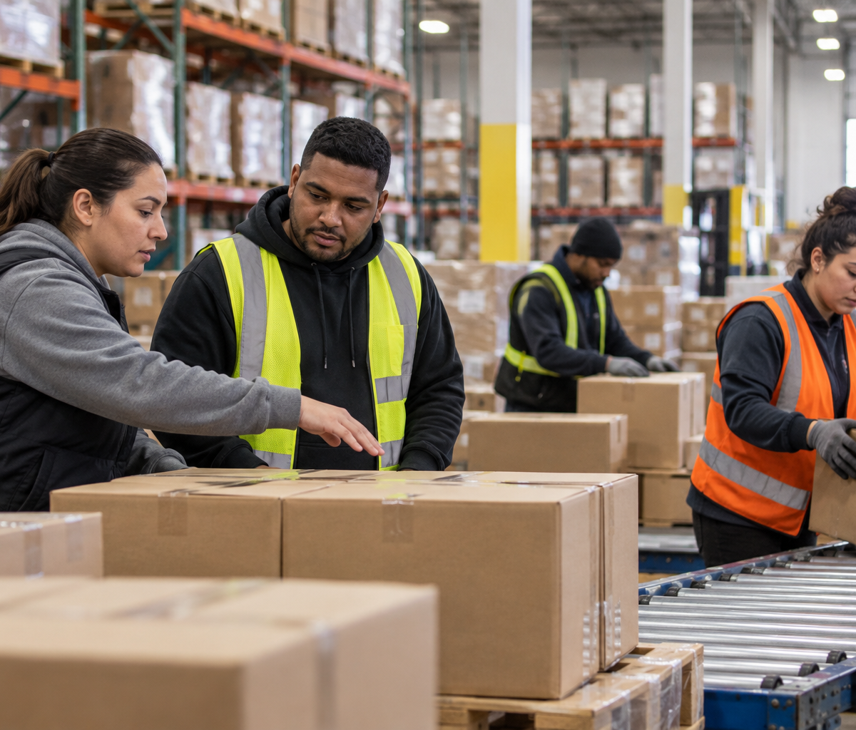 Warehouse labor planning work: discussing staffing at an active packing area.