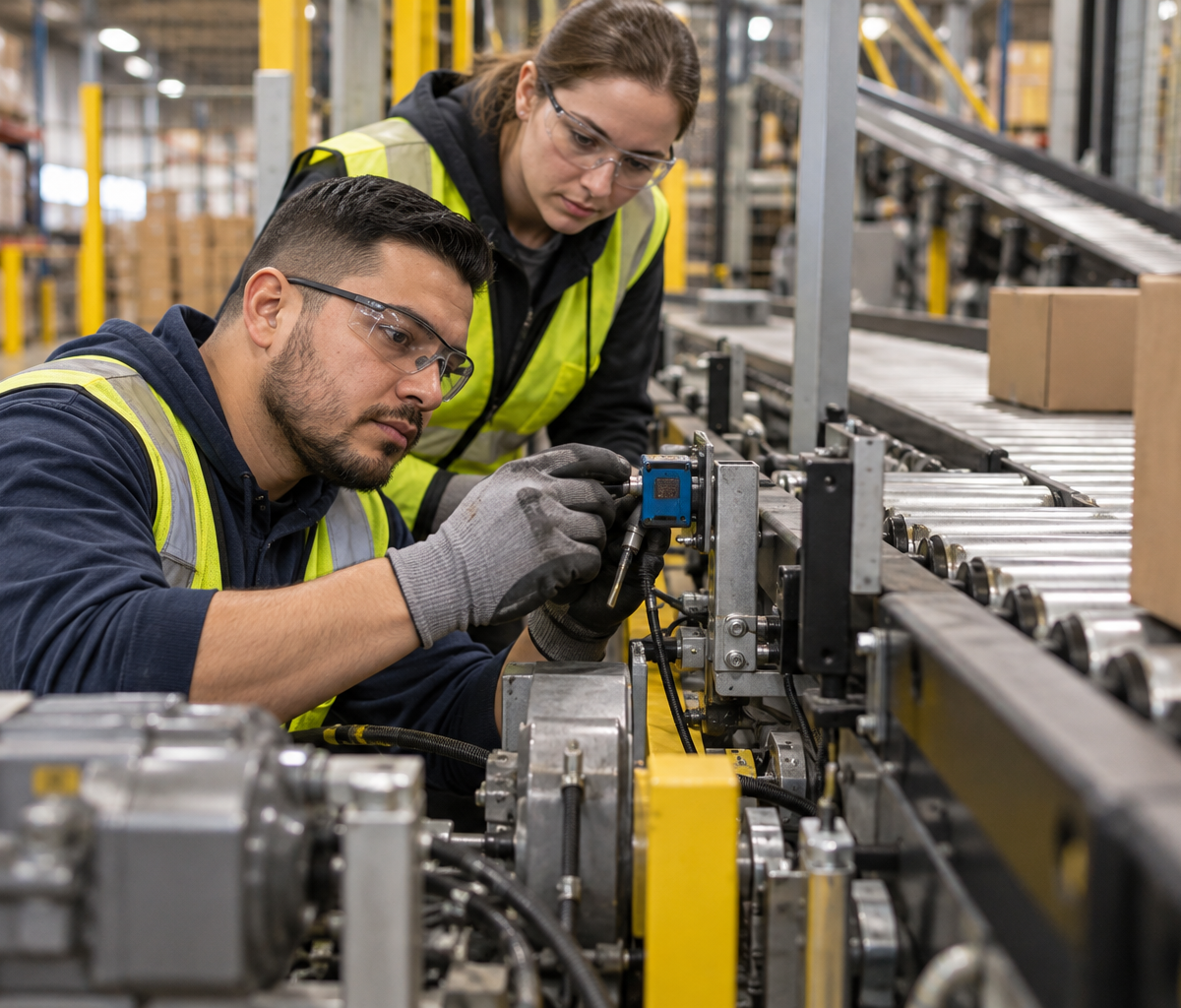 Warehouse maintenance work: examining conveyor equipment during maintenance.