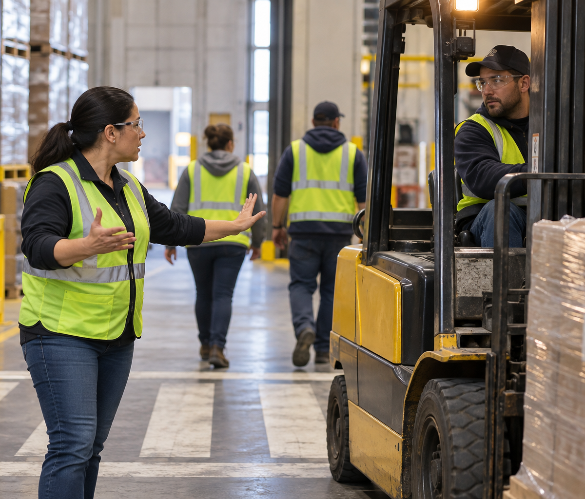 Warehouse safety-coordinator work: discussing pedestrian separation near powered equipment.
