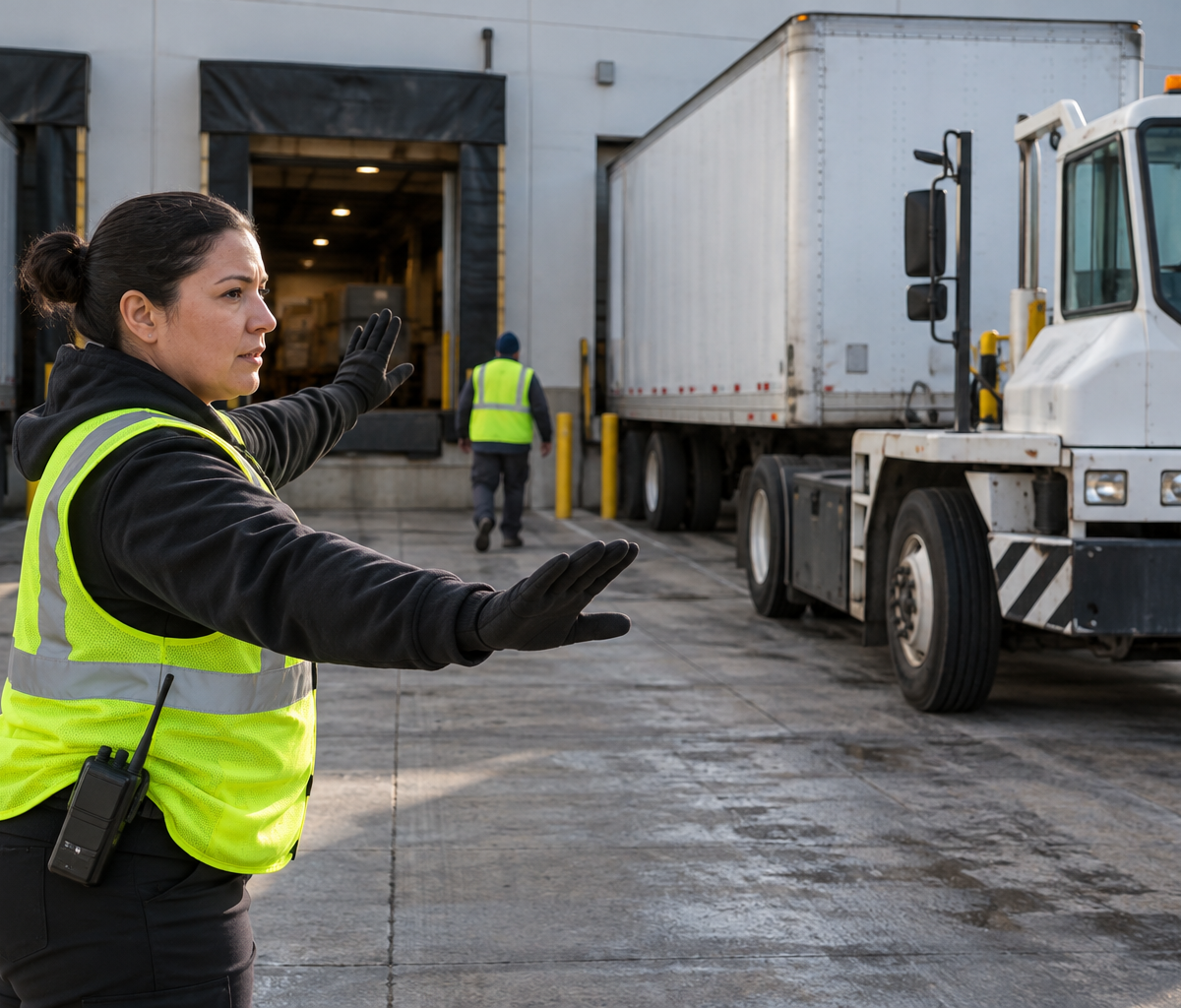 Yard-coordinator work at a logistics facility: coordinating a vehicle movement at a dock.