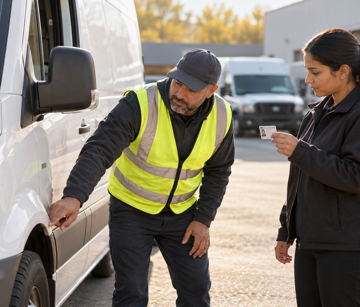 Preparing for a driving assessment: examining a vehicle before a driving assessment.