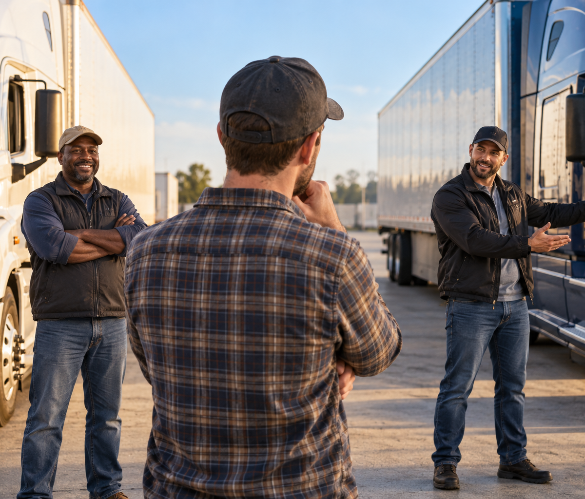 Comparing base pay with performance-bonus pay: weighing different compensation offers beside two work vehicles.