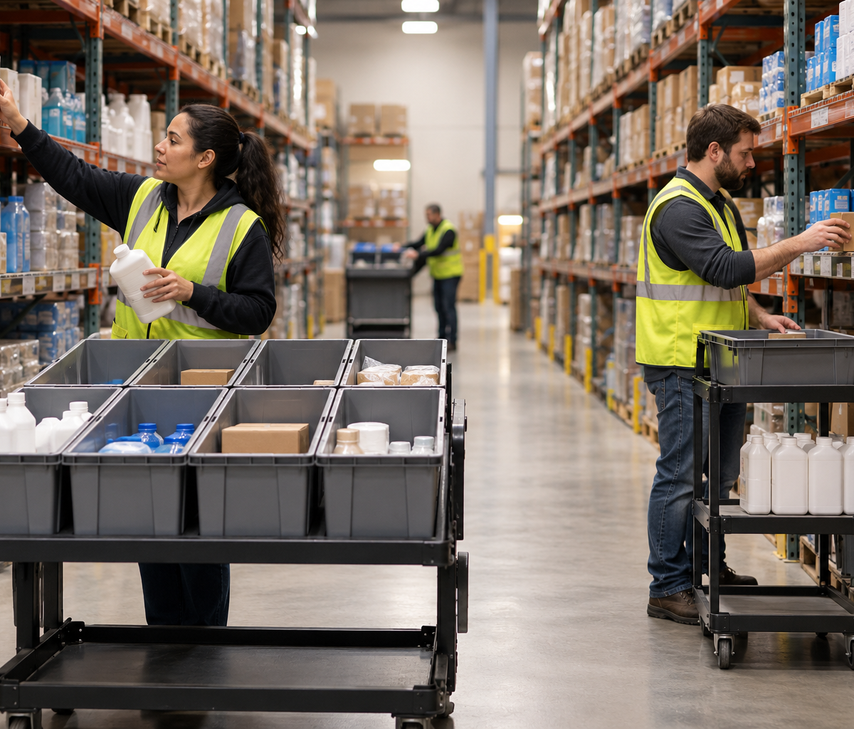 Batch picking versus single-order picking: comparing grouped picking with individual-order work.