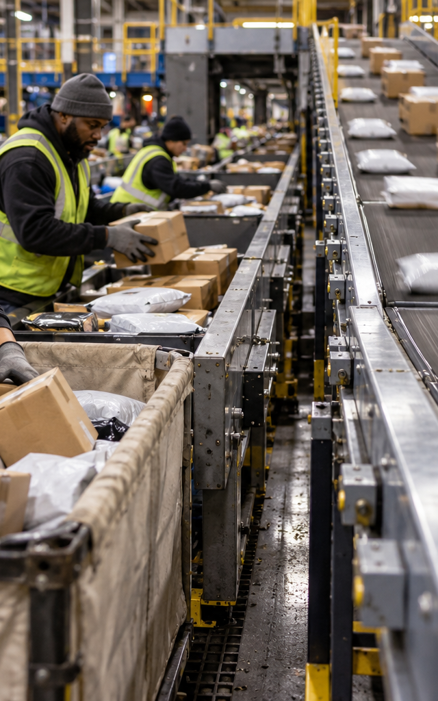 Choosing a parcel-handling automation step: examining manual handling beside automated parcel flow.