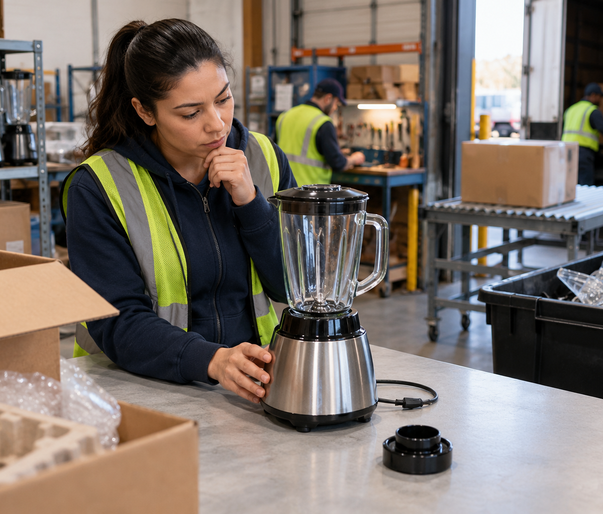 Choosing a returned-goods disposition: checking a returned appliance before deciding its next step.