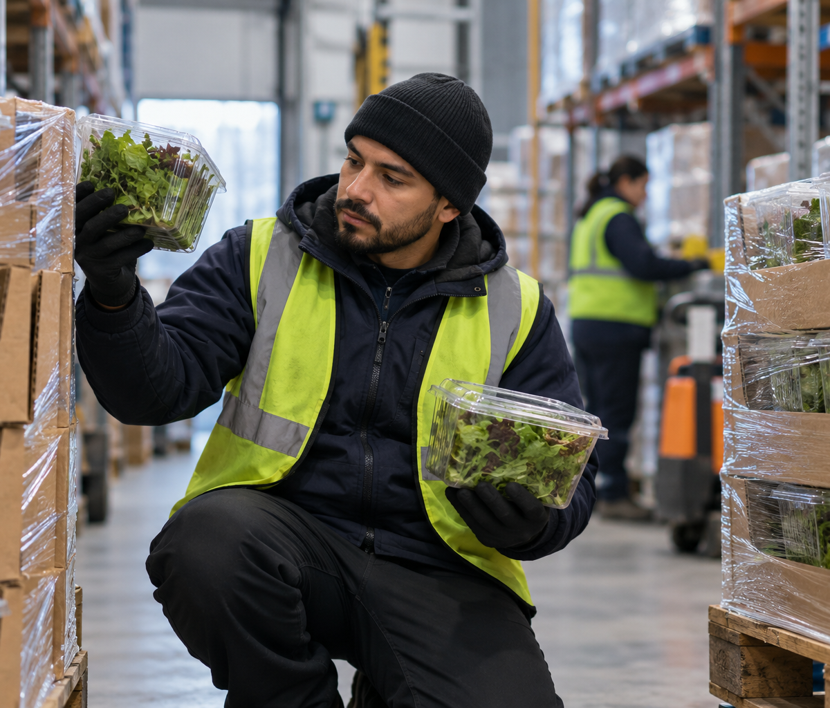 Choosing FIFO or FEFO stock rotation: checking perishable batches in a storage area.