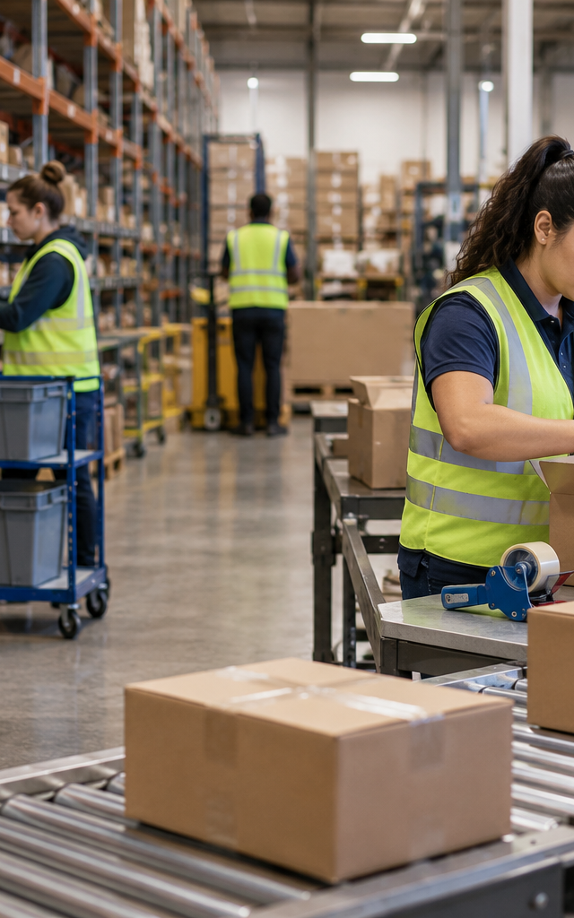 Choosing which warehouse role to cross-train: considering worker movement between picking and packing.