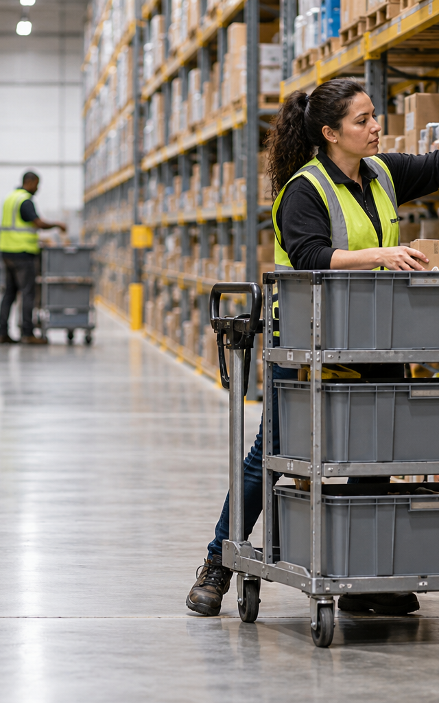 Designing a pick path through a warehouse: following a pick cart through warehouse aisles.