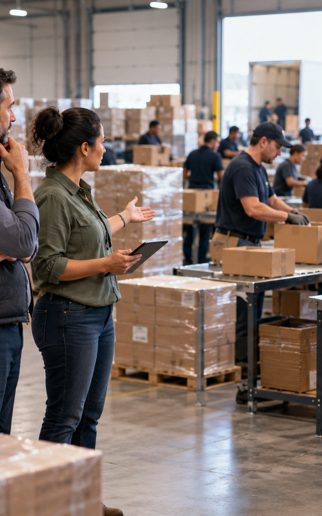 Planning temporary staffing for a volume spike: observing work coverage across busy packing benches.