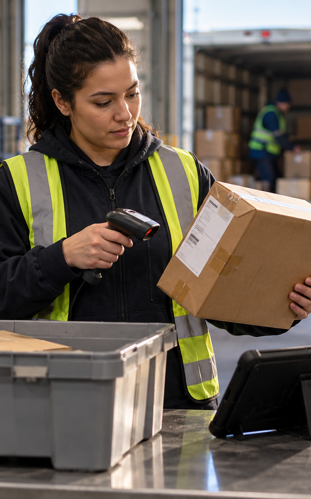 Resolving a shipment identity mismatch: checking a parcel identifier at an exception workstation.