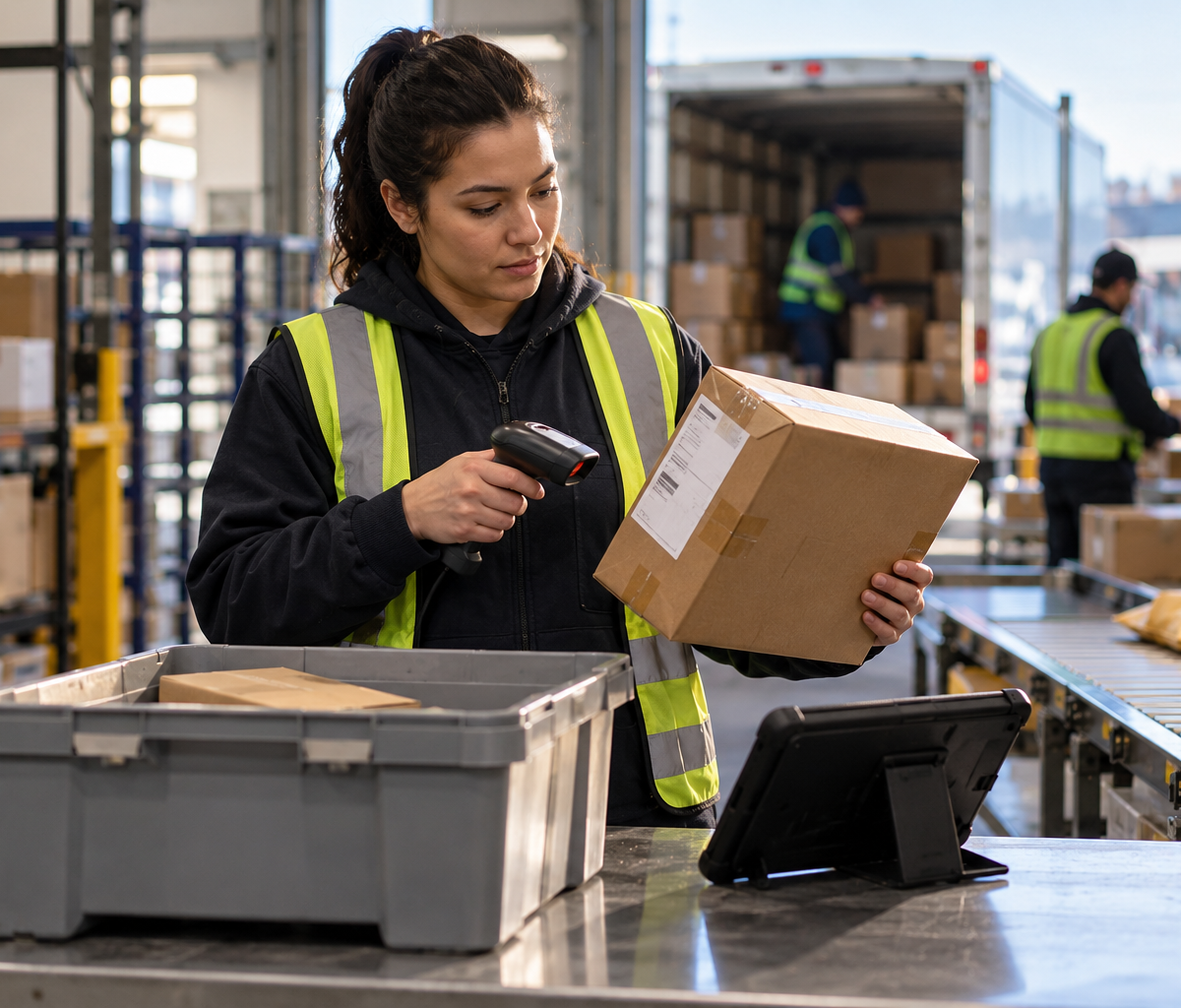 Resolving a shipment identity mismatch: checking a parcel identifier at an exception workstation.