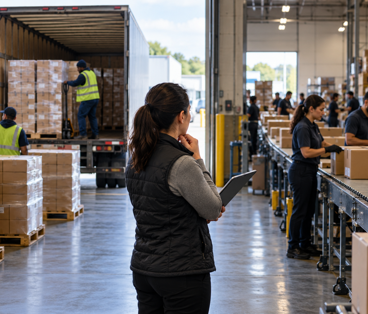 Separating forecast error from execution delay: comparing incoming work with available packing activity.