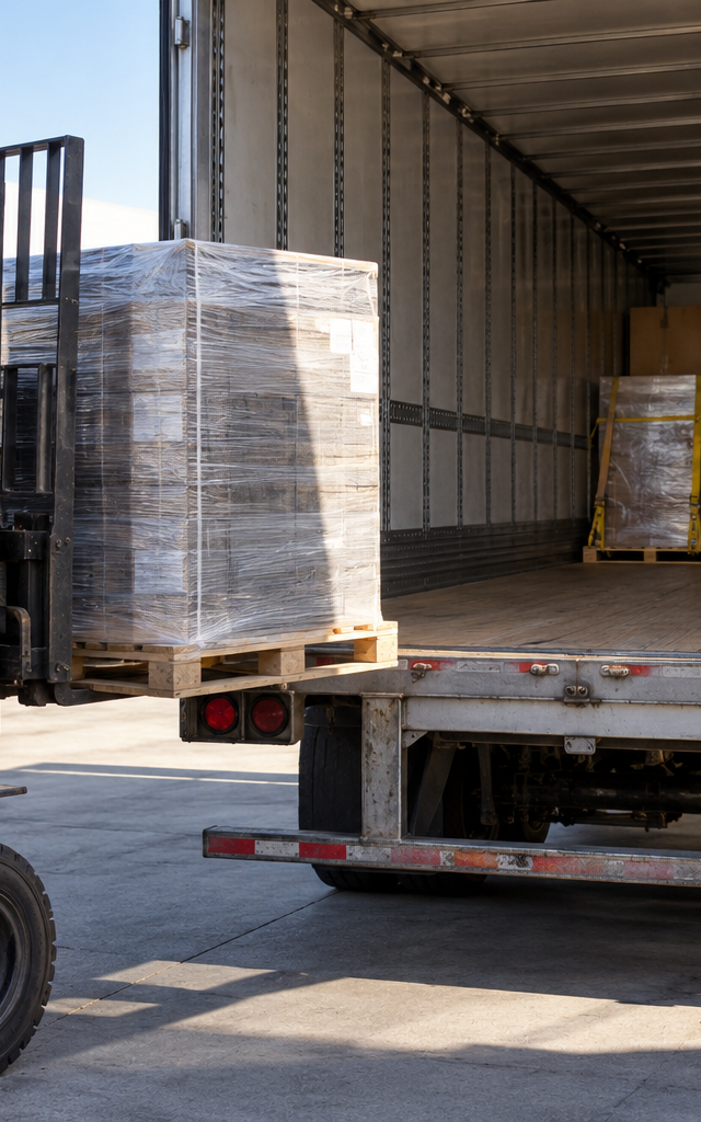 Using trailer capacity safely: checking a heavy pallet before trailer loading.
