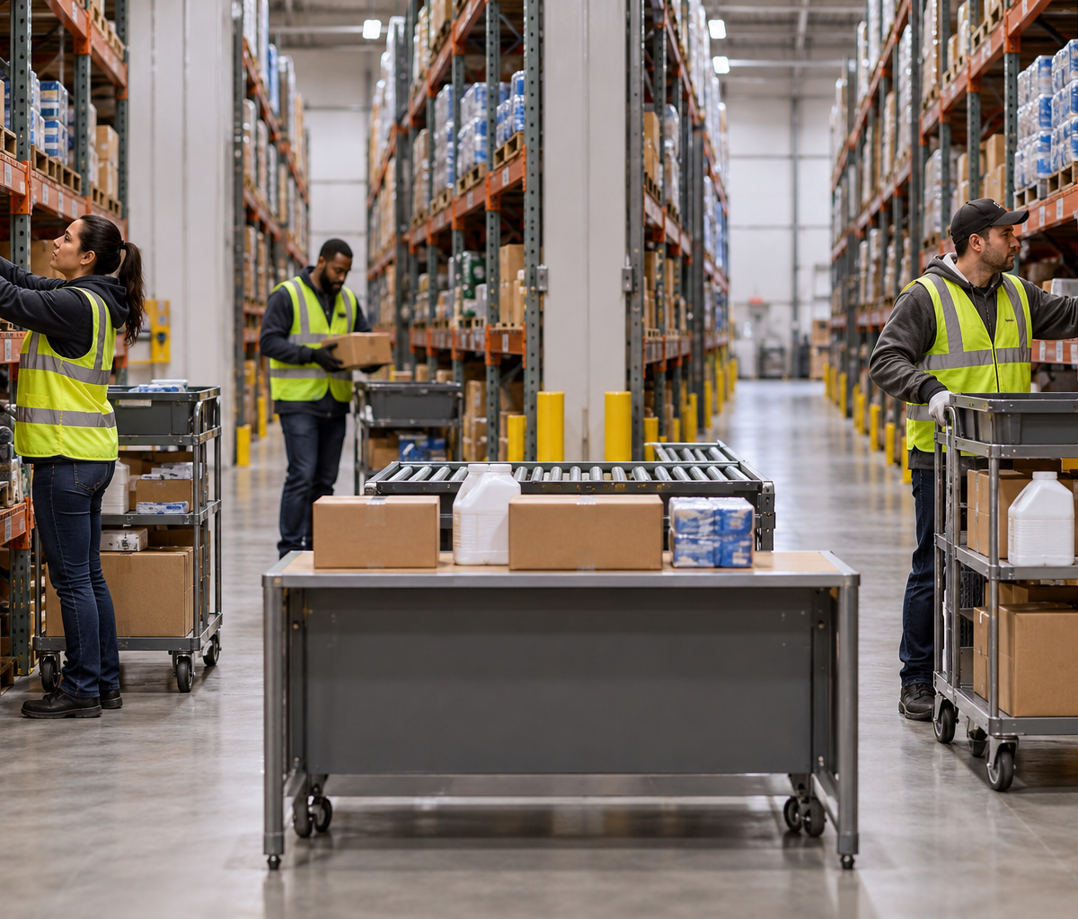 Zone picking versus whole-order picking: comparing aisle-based picking with order consolidation.